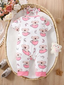 Baby Cartoon Graphic Contrast Binding Jumpsuit & Accessory Headband - White - View 2