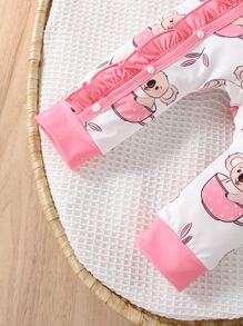 Baby Cartoon Graphic Contrast Binding Jumpsuit & Accessory Headband - White - View 3