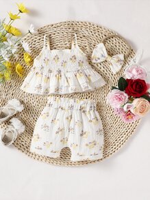 新生兒印花荷葉邊吊帶背心和短褲和配件髮箍