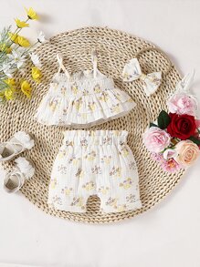 新生兒印花荷葉邊吊帶背心和短褲和配件髮箍