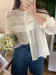 DAZY 纯色纽扣前开襟长袖衬衫 - 杏色 - 查看 1