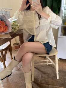 DAZY 纯色纽扣前开襟长袖衬衫 - 杏色 - 查看 2