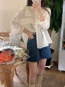 DAZY 纯色纽扣前开襟长袖衬衫 - 杏色 - 查看 4