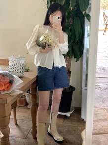 DAZY 纯色纽扣前开襟长袖衬衫 - 杏色 - 查看 5