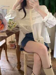 DAZY 纯色纽扣前开襟长袖衬衫 - 杏色 - 查看 6