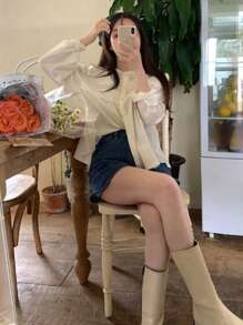 DAZY 纯色纽扣前开襟长袖衬衫 - 杏色 - 查看 7