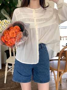 DAZY 纯色纽扣前开襟长袖衬衫 - 杏色 - 查看 8