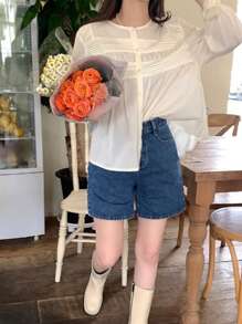 DAZY 纯色纽扣前开襟长袖衬衫 - 杏色 - 查看 9