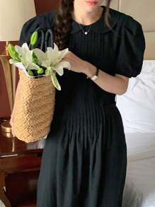 DAZY Solid Puff Sleeve Smock Dress - Black - View 2