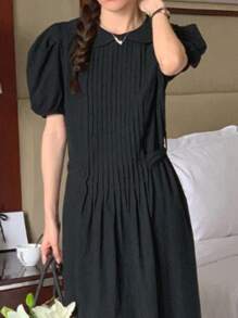 DAZY Solid Puff Sleeve Smock Dress - Black - View 3