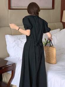 DAZY Solid Puff Sleeve Smock Dress - Black - View 4
