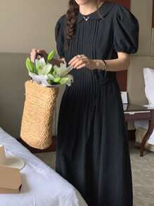 DAZY Solid Puff Sleeve Smock Dress - Black - View 5