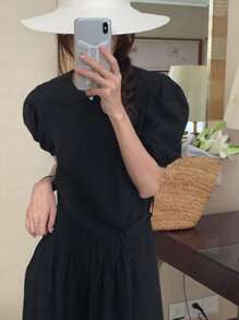 DAZY Solid Puff Sleeve Smock Dress - Black - View 9