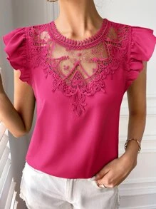 SHEIN Clasi Áo sơ mi nữ Nút Tương phản ren Xù màu trơn Thanh lịch - Màu Hồng Tươi - Xem 1