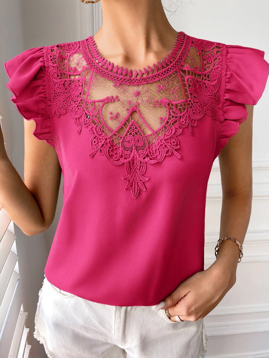 SHEIN Clasi Áo sơ mi nữ Nút Tương phản ren Xù màu trơn Thanh lịch - Màu Hồng Tươi - Xem 1