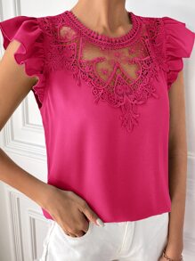 SHEIN Clasi Áo sơ mi nữ Nút Tương phản ren Xù màu trơn Thanh lịch - Màu Hồng Tươi - Xem 2