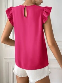 SHEIN Clasi Áo sơ mi nữ Nút Tương phản ren Xù màu trơn Thanh lịch - Màu Hồng Tươi - Xem 4