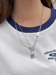 DAZY Faux Pearl Decor Asymmetric Rectangle Charm Layered Necklace