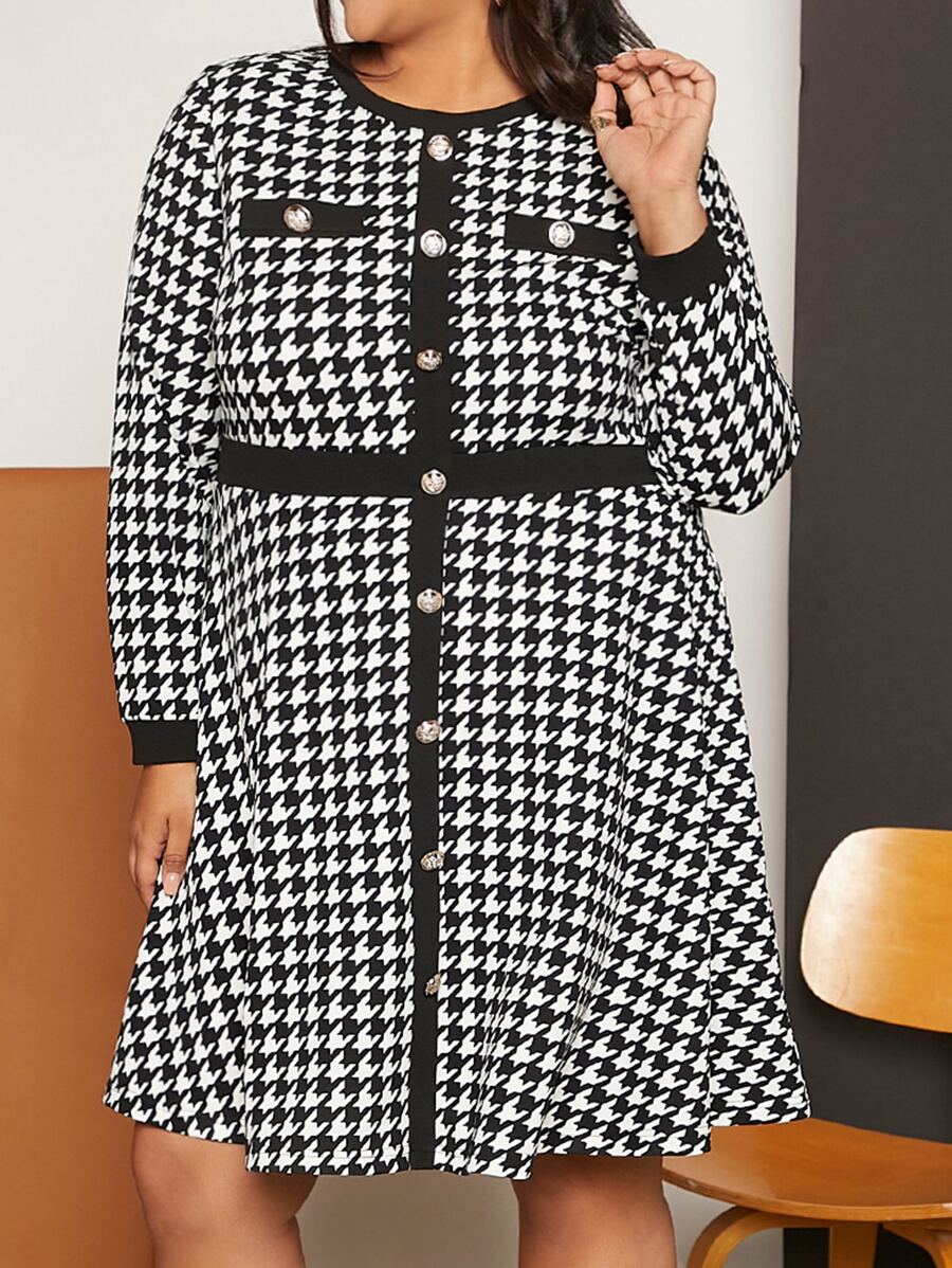 SHEIN CURVE+ Plus Houndstooth Print Button Front Dress - Black and White - View 1