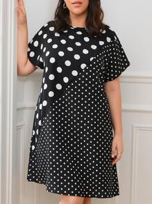 EMERY ROSE 大碼波卡圓點蝙蝠袖連衣裙 - 黑與白 - 查看 1