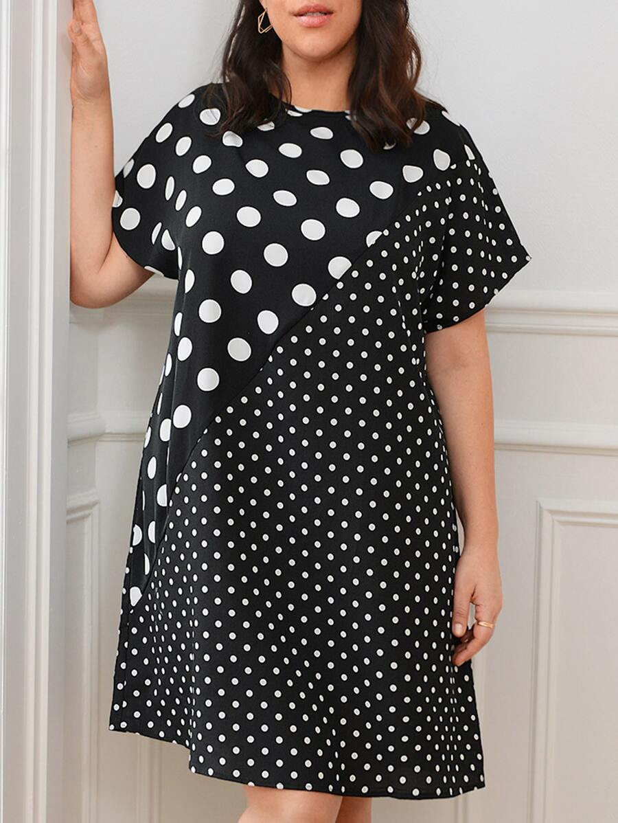 EMERY ROSE 大碼波卡圓點蝙蝠袖連衣裙 - 黑與白 - 查看 1