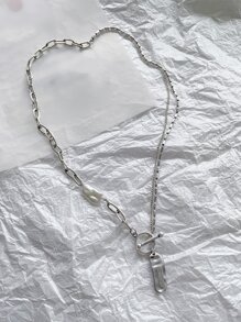 DAZY Faux Pearl Decor Asymmetric Rectangle Charm Layered Necklace