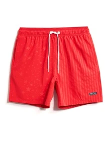 Manfinity Hombres Shorts de natación con diseño de parche de letra de cintura con cordón - Rojo - Ver 1