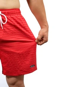 Manfinity Hombres Shorts de natación con diseño de parche de letra de cintura con cordón - Rojo - Ver 8