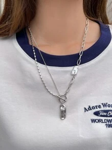 DAZY Faux Pearl Decor Asymmetric Rectangle Charm Layered Necklace