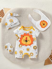 Newborn Baby Boy Cartoon Embroidery Contrast Binding Romper - White - View 1