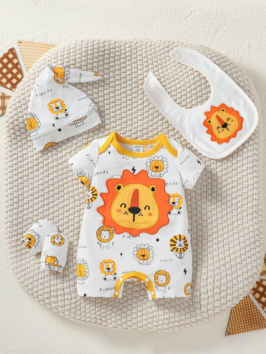 Newborn Baby Boy Cartoon Embroidery Contrast Binding Romper - White - View 1