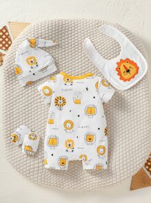 Newborn Baby Boy Cartoon Embroidery Contrast Binding Romper - White - View 2