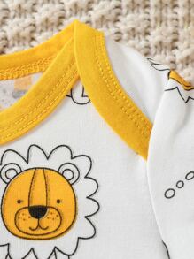 Newborn Baby Boy Cartoon Embroidery Contrast Binding Romper - White - View 3