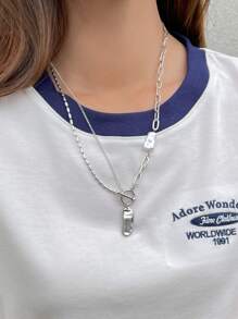 DAZY Faux Pearl Decor Asymmetric Rectangle Charm Layered Necklace