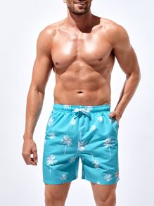 Surfspeed 男士棕櫚樹印花字母補丁細節腰部抽繩泳褲 - 薄荷藍 - 查看 6