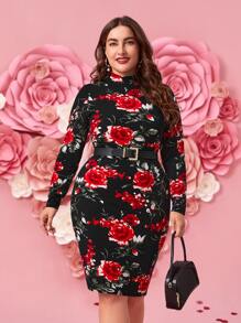 SHEIN Clasi Vestido ajustado con estampado floral de cuello alto sin cinturón - Multicolor - Ver 1