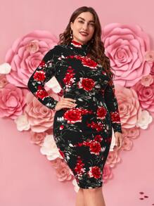 SHEIN Clasi Vestido ajustado con estampado floral de cuello alto sin cinturón - Multicolor - Ver 3