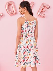SHEIN VCAY Allover Floral Print Tie Front Halter Dress - White - View 2
