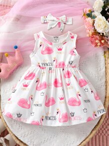 Vestido De Niña Bebé Con Gráficos De Cisne Y Letras - Blanco - Ver 1