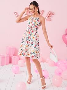 SHEIN VCAY Allover Floral Print Tie Front Halter Dress - White - View 6