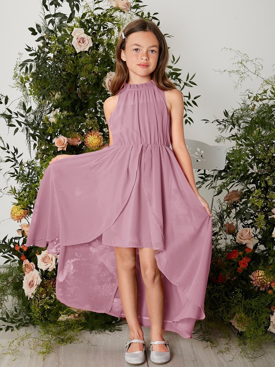 SHEIN 女孩木耳褶皺邊小高領前短後長雪紡連衣裙 - 藕粉色 - 查看 1