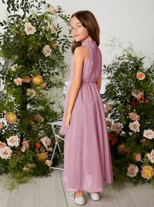 SHEIN 女孩木耳褶皺邊小高領前短後長雪紡連衣裙 - 藕粉色 - 查看 2