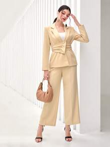 Modelyn Lapel Neck Ruched Blazer & Wide Leg Trousers - Yellow - View 1