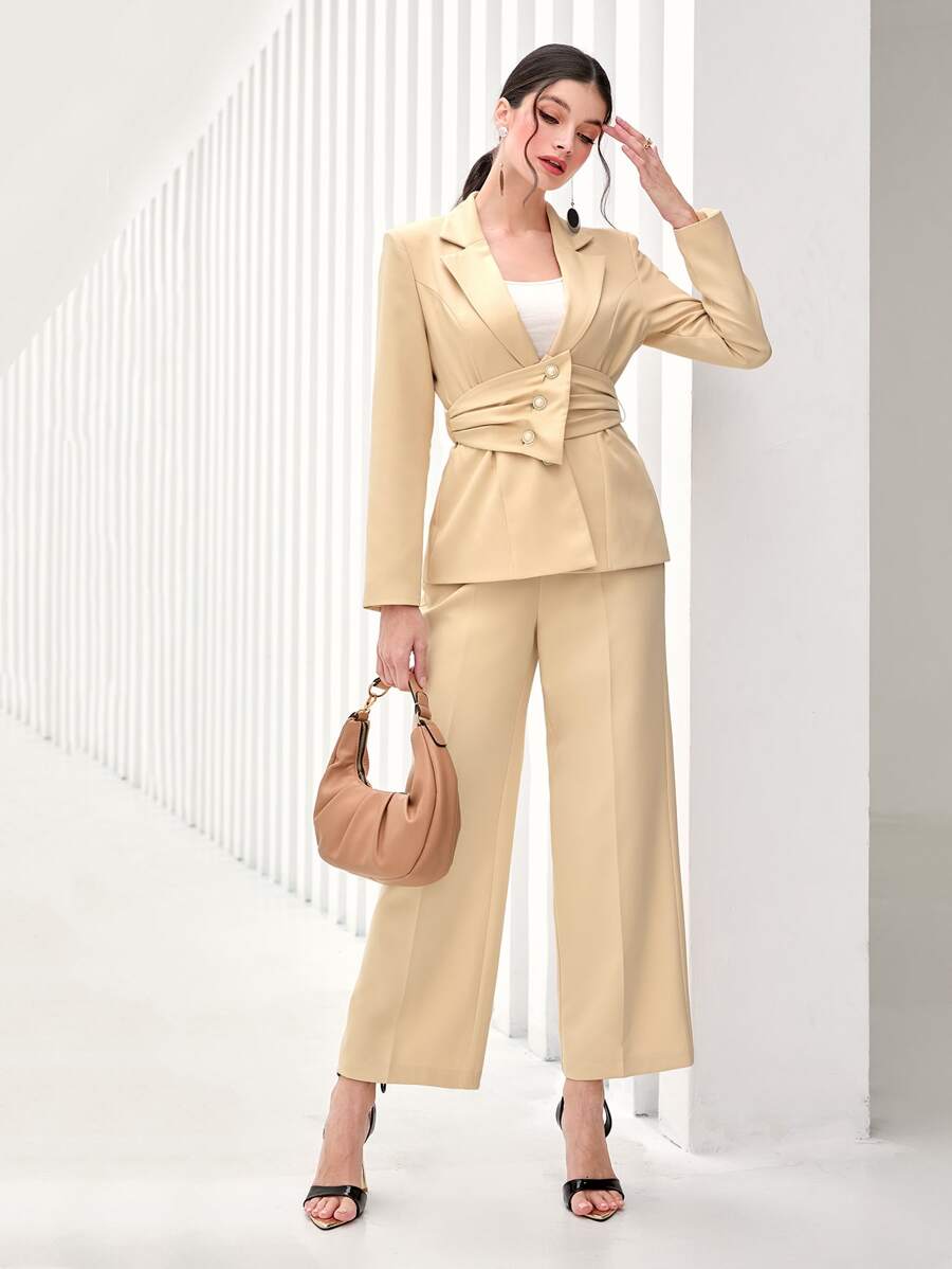 Modelyn Lapel Neck Ruched Blazer & Wide Leg Trousers - Yellow - View 1