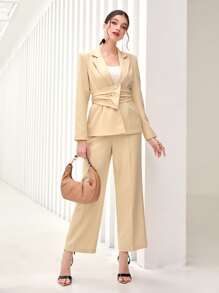 Modelyn Lapel Neck Ruched Blazer & Wide Leg Trousers - Yellow - View 4
