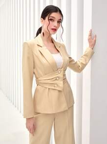 Modelyn Lapel Neck Ruched Blazer & Wide Leg Trousers - Yellow - View 6