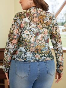SHEIN VCAY Plus Floral Print Mock Neck Mesh Top Without Bra - Multicolor - View 2