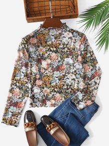 SHEIN VCAY Plus Floral Print Mock Neck Mesh Top Without Bra - Multicolor - View 3