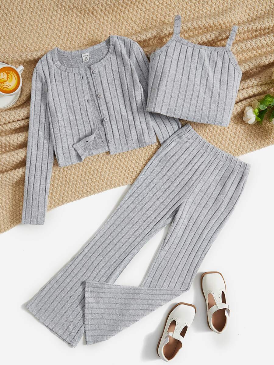 Chicas Top de tirantes tejido de canalé & Pantalones acampanados & Abrigo - Gris Claro - Ver 1