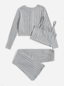 Chicas Top de tirantes tejido de canalé & Pantalones acampanados & Abrigo - Gris Claro - Ver 2
